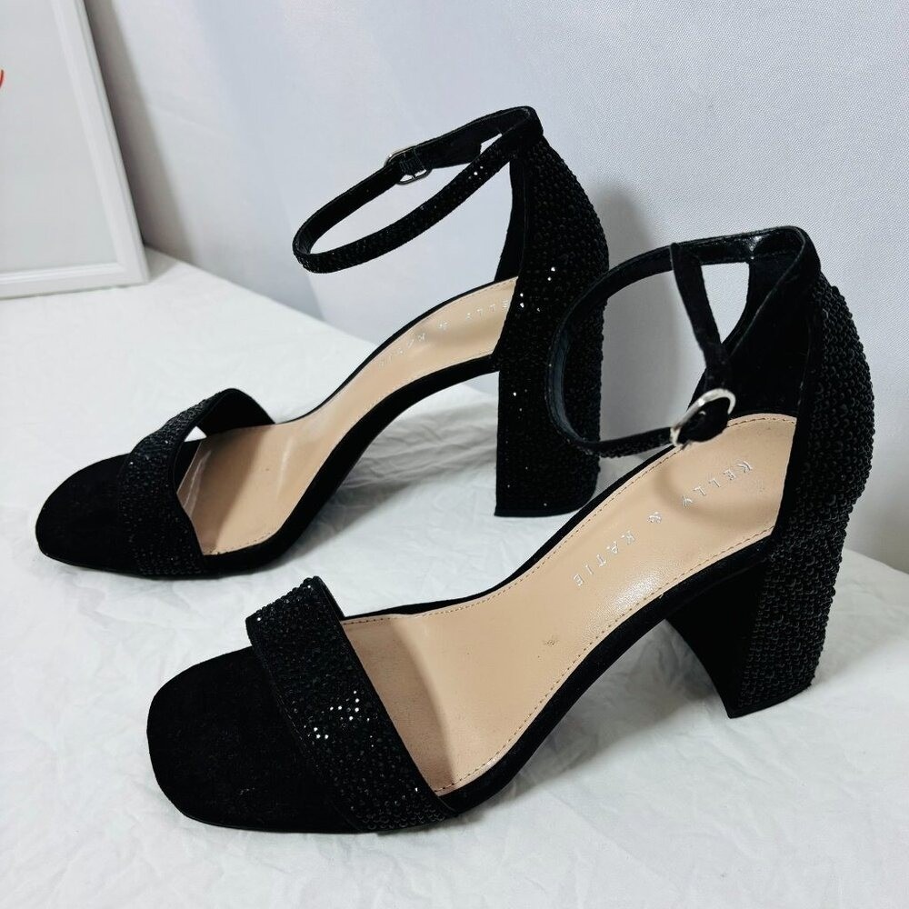 Kelly & Katie Caital Sandals Women 8.5 Black Rhinestone Block Heel Dress Shoes - Picture 3 of 7